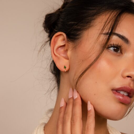 Emerald Kite Stud Earrings Minimalist Gemstone Drops with Diamond Charm - Image 3
