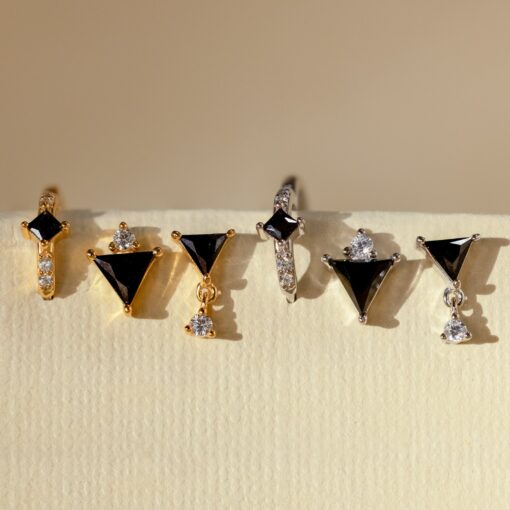 Caitlyn Minimalist Black Gemstone Triangle Earring Set Pave Diamond Hoop, Stud Earring - Image 5