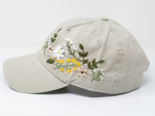 Hand Embroidered Floral Baseball Cap Botanical Garden Blooms on 100% Cotton - Image 3