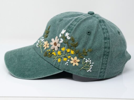 Hand Embroidered Floral Baseball Cap Botanical Garden Blooms on 100% Cotton - Image 6