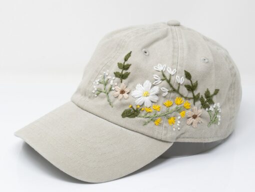 Hand Embroidered Floral Baseball Cap Botanical Garden Blooms on 100% Cotton - Image 2