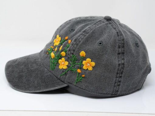 Handcrafted Yellow Daisy Floral Baseball Cap 100% Cotton Blossom Hat - Image 2