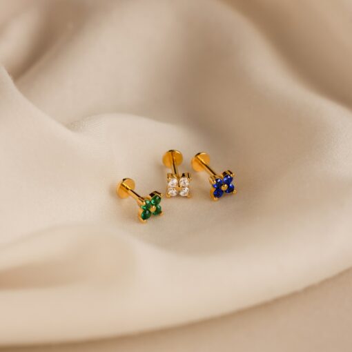 Caitlyn Minimalist's Trio of Floral Studs Sapphire, Diamond, and Gold - Image 2