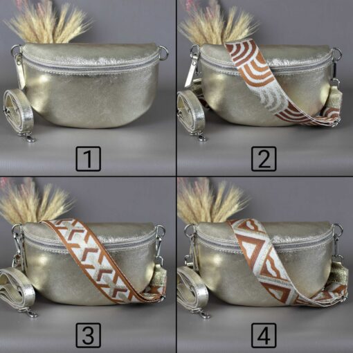 Gold Fanny Pack Interchangeable Wide Belt, Patterned Strap, Leather Crossbody, Silver Zipper Handbag - Image 3