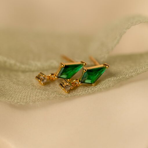Emerald Kite Stud Earrings Minimalist Gemstone Drops with Diamond Charm - Image 2
