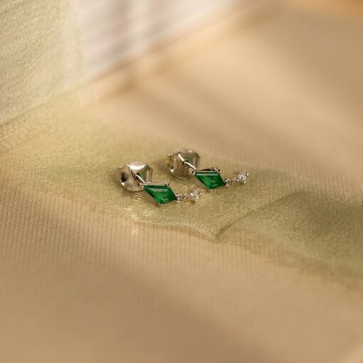 Emerald Kite Stud Earrings Minimalist Gemstone Drops with Diamond Charm - Image 4