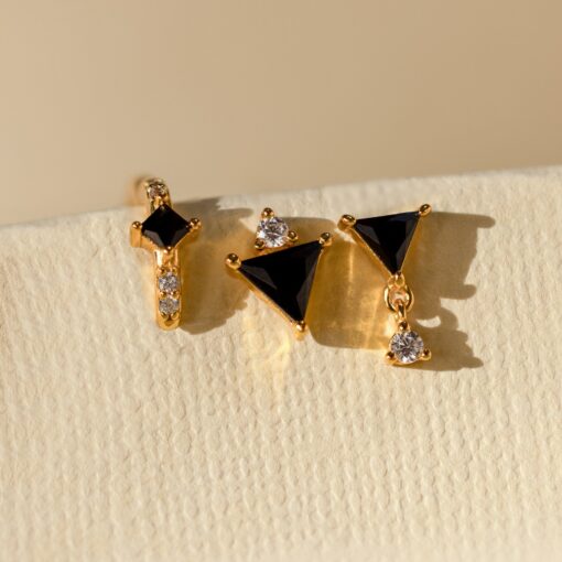Caitlyn Minimalist Black Gemstone Triangle Earring Set Pave Diamond Hoop, Stud Earring - Image 2