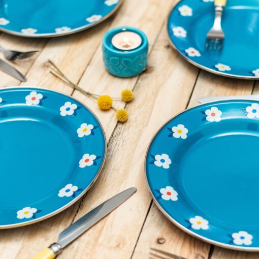 Enamelhappy Ocean Teal Blue Retro Floral Enamel Plates Perfect for Camping, Picnics, and Outdoor Adventures - Image 4