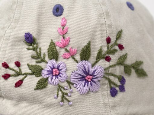 Two-Toned Purple Violet Washed Cotton Cap with Blossoms A Botanical Masterpiece for Fashion-Forward Women - Image 4