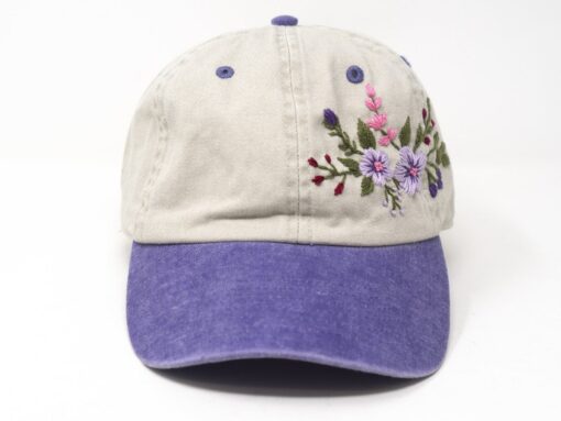 Two-Toned Purple Violet Washed Cotton Cap with Blossoms A Botanical Masterpiece for Fashion-Forward Women - Image 3