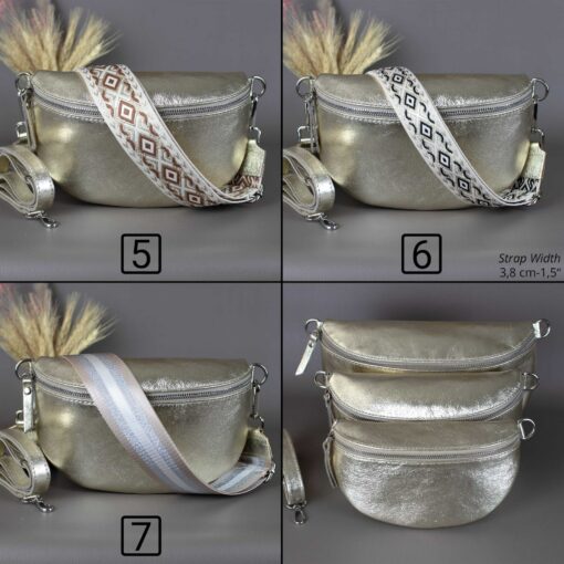 Gold Fanny Pack Interchangeable Wide Belt, Patterned Strap, Leather Crossbody, Silver Zipper Handbag - Image 4