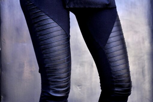 Aakasha A05125 Black Extra Long Leggings with Genuine Leather Front and Viscose Back - Image 3