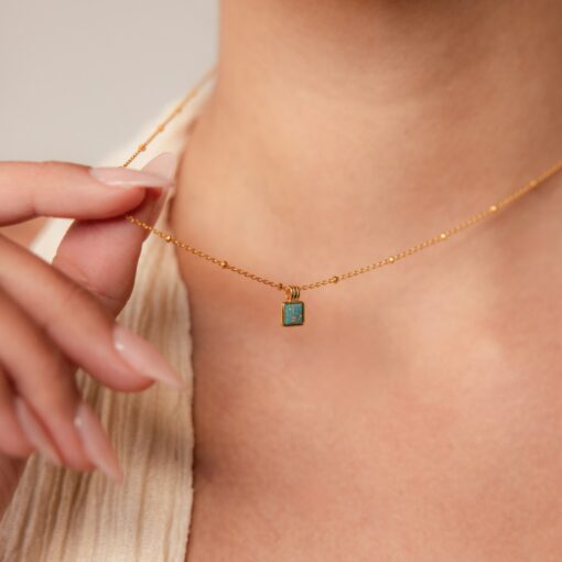 Turquoise Opal Pendant Necklace Minimalist Square Charm on Satellite Chain - Image 5