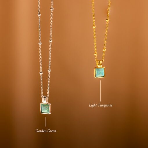 Turquoise Opal Pendant Necklace Minimalist Square Charm on Satellite Chain - Image 2