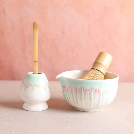 Premium Matcha Tea Ceremony Set 4-Piece Green Ceramic Bowl with Spout, Bamboo Whisk, and Chasen Holder - Image 4