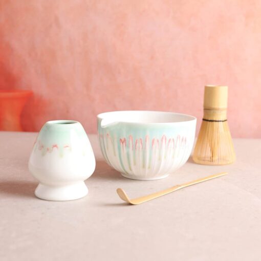 Premium Matcha Tea Ceremony Set 4-Piece Green Ceramic Bowl with Spout, Bamboo Whisk, and Chasen Holder - Image 5
