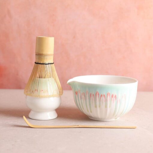Premium Matcha Tea Ceremony Set 4-Piece Green Ceramic Bowl with Spout, Bamboo Whisk, and Chasen Holder - Image 3