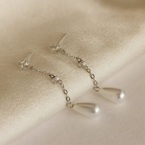 Caitlyn Minimalist Diamond Pearl Chain Earrings Shimmering Elegance for Every Occasion - Image 6