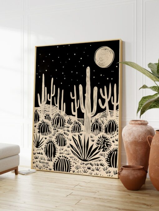 Eclectic Linocut-Style Desert Landscape Wall Art A Stunning Black Cream Desert Scene with Cactus and Moon - Image 4