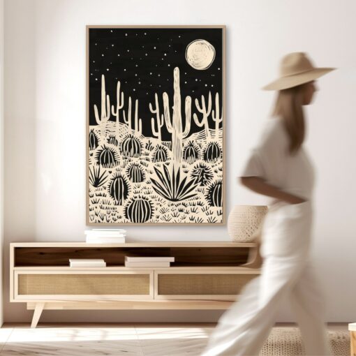 Eclectic Linocut-Style Desert Landscape Wall Art A Stunning Black Cream Desert Scene with Cactus and Moon - Image 2