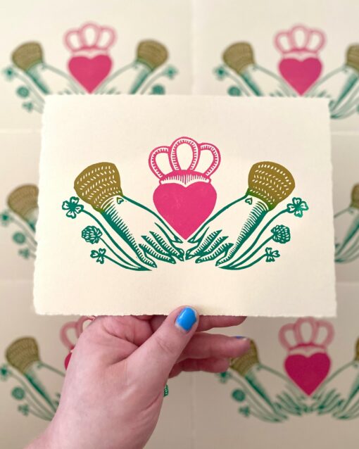 Claddagh Linocut Print Heart in Hands | Irish Love, Loyalty, Friendship | Handmade Relief Print for Good Luck - Image 2