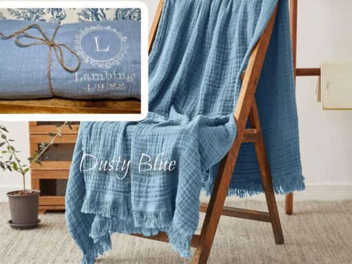 Personalized Muslin Throw Blanket Embroidered Message, Monogrammed Comfort - Image 4