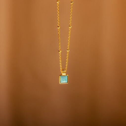 Turquoise Opal Pendant Necklace Minimalist Square Charm on Satellite Chain - Image 4