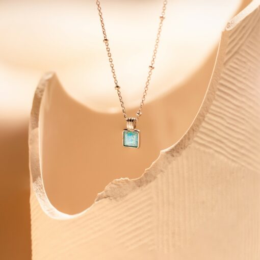 Turquoise Opal Pendant Necklace Minimalist Square Charm on Satellite Chain - Image 6