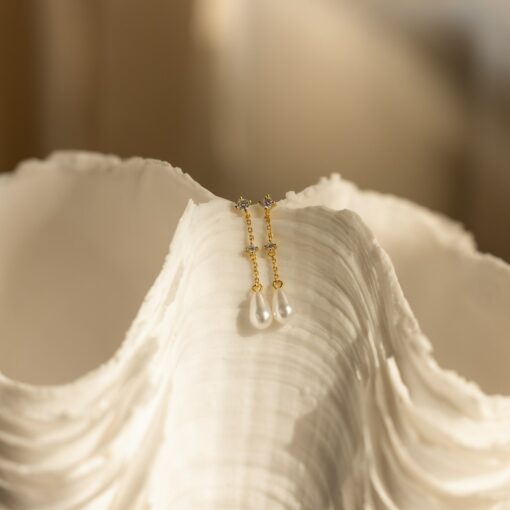 Caitlyn Minimalist Diamond Pearl Chain Earrings Shimmering Elegance for Every Occasion - Image 2