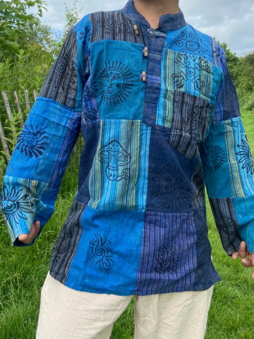 Patchwork Paradise Multi-Colored Blockprint Overdye Stonewash Nepali Shirt for Festival Vibes - Image 3