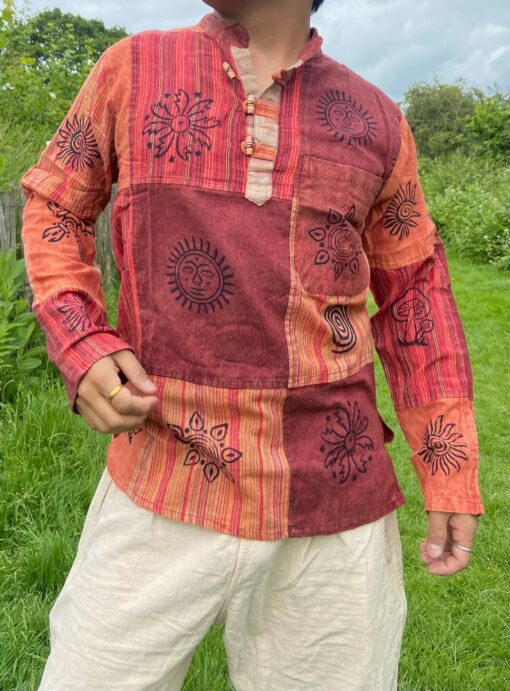 Patchwork Paradise Multi-Colored Blockprint Overdye Stonewash Nepali Shirt for Festival Vibes - Image 2