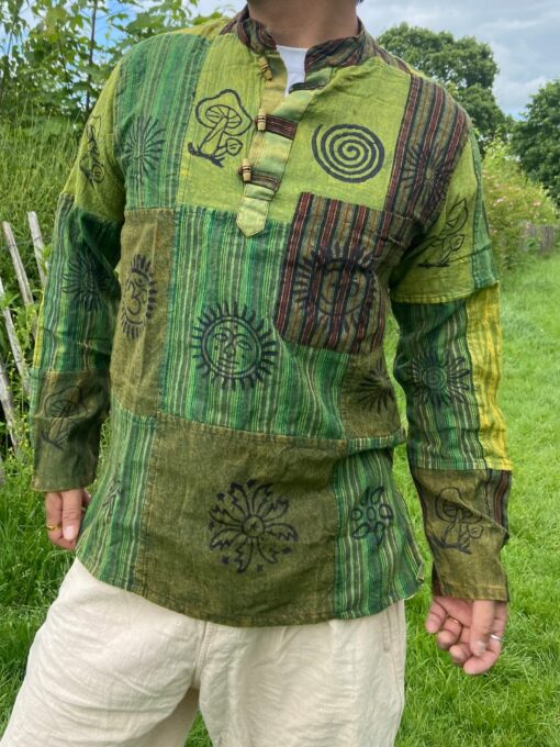 Patchwork Paradise Multi-Colored Blockprint Overdye Stonewash Nepali Shirt for Festival Vibes - Image 4