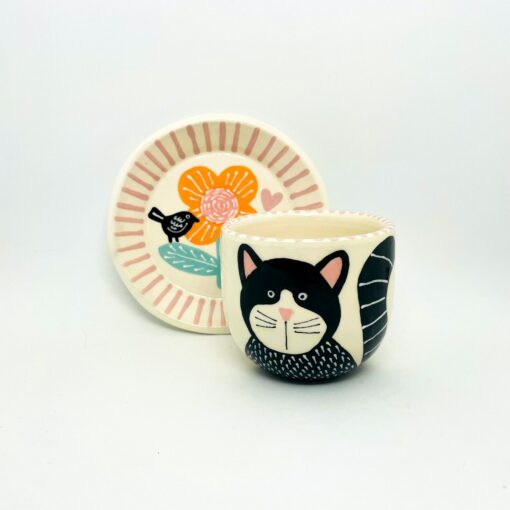 Enchanting Ceramic Cup and Saucer A Feline Fantasy with a Bird and Bloom - Image 3