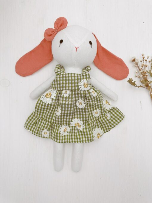 Adorable Handmade Bunny Rabbit Doll with Green Daisy Dress A Perfect Gift for Birthdays and Special Occasions - Image 4