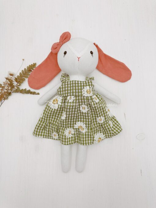 Adorable Handmade Bunny Rabbit Doll with Green Daisy Dress A Perfect Gift for Birthdays and Special Occasions - Image 5