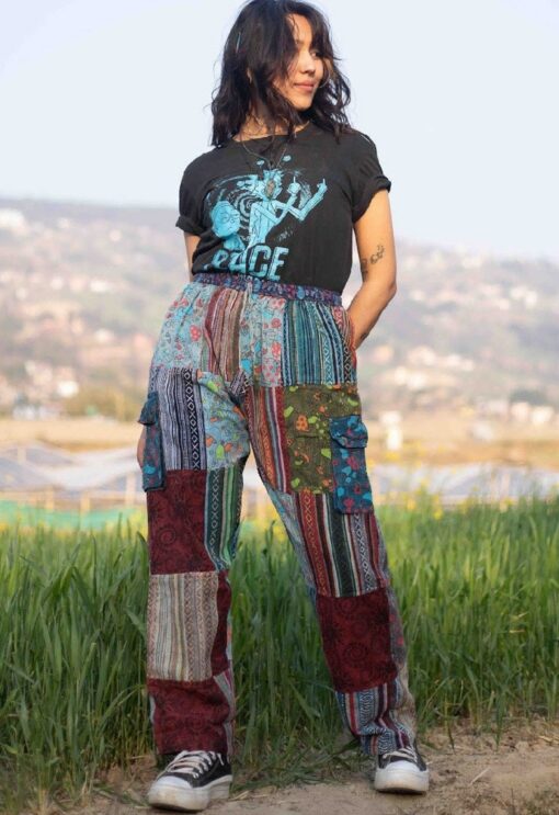 Patchwork Hippie Cotton Pants Unisex Mushroom Trousers for Festivals, Holidays, Yoga, and Summer | Ethically Made in Nepal - Image 3
