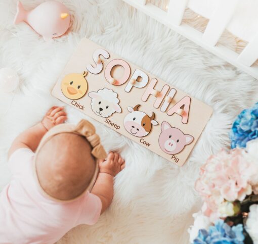 Personalized Safari Animal Name Puzzle Educational Montessori Toy for Toddlers, Custom Baby Shower or First Christmas Gift - Image 2