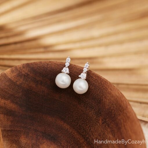 Shimmering Freshwater Pearl Drop Earrings with Diamond Accents A Bridal and Bridesmaid's Dream - Image 6
