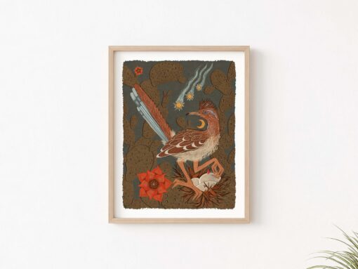 Desert Oasis Roadrunner, Nest, and Cactus Nature Print - Celestial Southwestern Wall Art - Image 3