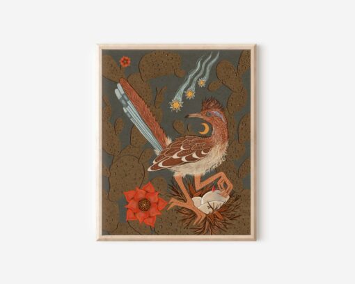 Desert Oasis Roadrunner, Nest, and Cactus Nature Print - Celestial Southwestern Wall Art - Image 2