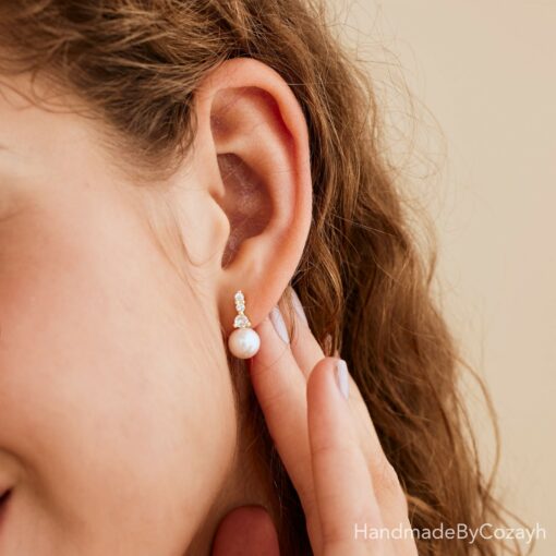 Shimmering Freshwater Pearl Drop Earrings with Diamond Accents A Bridal and Bridesmaid's Dream - Image 4