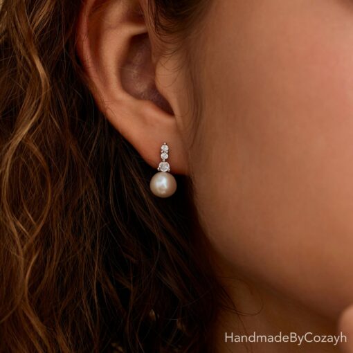 Shimmering Freshwater Pearl Drop Earrings with Diamond Accents A Bridal and Bridesmaid's Dream - Image 5