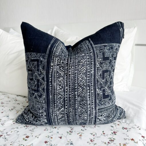Handcrafted Indigo Hemp Pillow Cover with Vintage Hmong Patterns - Image 2