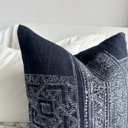 Handcrafted Indigo Hemp Pillow Cover with Vintage Hmong Patterns - Image 4
