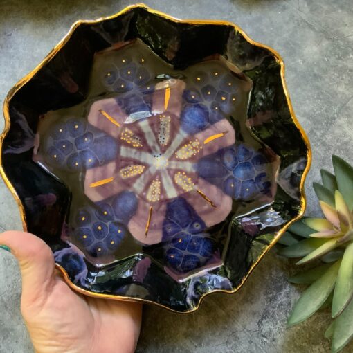 Geometric Elegance Purple and Black Ceramic Dish with Gold Luster - Image 2