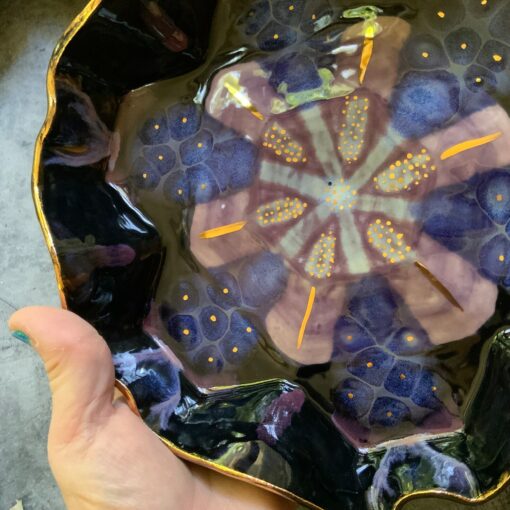 Geometric Elegance Purple and Black Ceramic Dish with Gold Luster - Image 4