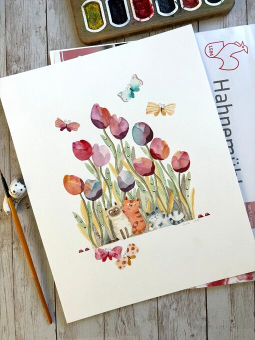 Original Hand-Painted Watercolor Art Vibrant Cats and Butterflies Dance on Canvas - Image 2