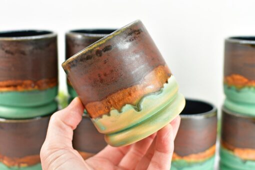 Handmade Ceramic Whiskey Bourbon Tumblers Unique Anniversary or Groomsmen Gift in Bronze, Patina Green, and Turquoise - Image 5