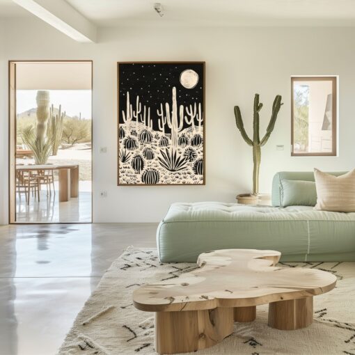 Eclectic Linocut-Style Desert Landscape Wall Art A Stunning Black Cream Desert Scene with Cactus and Moon - Image 3