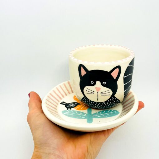Enchanting Ceramic Cup and Saucer A Feline Fantasy with a Bird and Bloom - Image 2